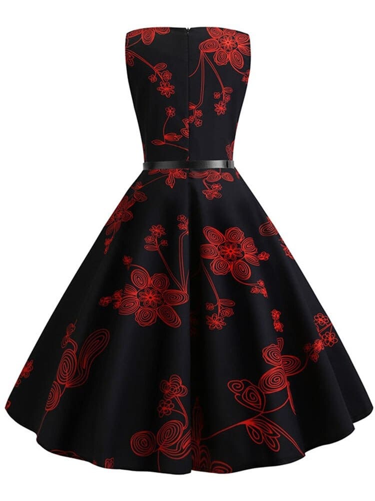 Vestido Retrô Marilyn Regata Estampado Acinturado Midi, P, M, G, GG, 2G, Preto e Vermelho Floral