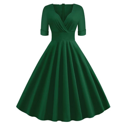 Vestido Retrô Meia Manga cor sólida Anos 50-60, P, M, G, GG, 2G, Verde