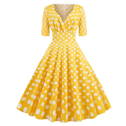 Vestido Retrô Meia Manga Estampados e Lisos Anos 50-60, P, M, G, GG, 2G, Amarelo e Branco Poá