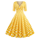 Vestido Retrô Meia Manga Estampados e Lisos Anos 50-60, P, M, G, GG, 2G, Amarelo e Branco Poá