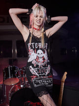 vestido Punk Rock print caveira love asas alcinha preto renda
