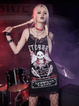 vestido Punk Rock print caveira love asas alcinha preto renda