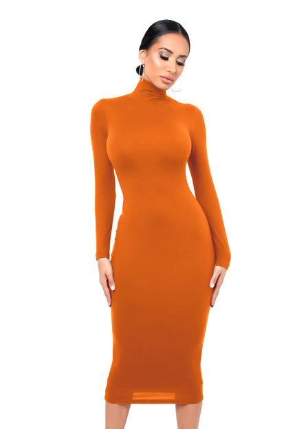 Vestido Tubinho Midi Gola Alta Manga