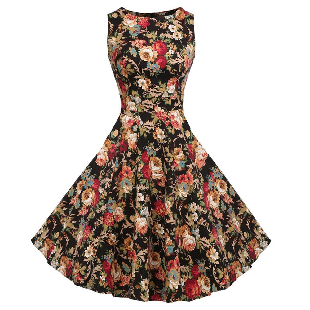 vestido retrô preto estampa floral rodado