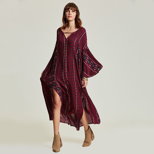 vestido longo Midi estampado étnico de manga