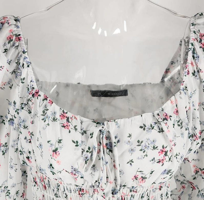 Vestido Branco Floral Decotado Manga Longa - Loja Style Me