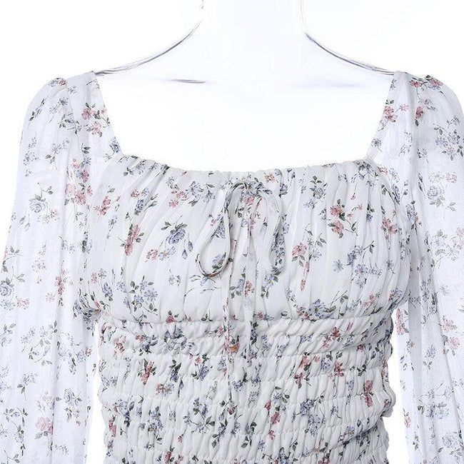 Vestido Branco Floral Decotado Manga Longa - Loja Style Me