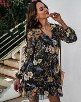 Vestido Estampado Floral Curto Manga Longa Preto