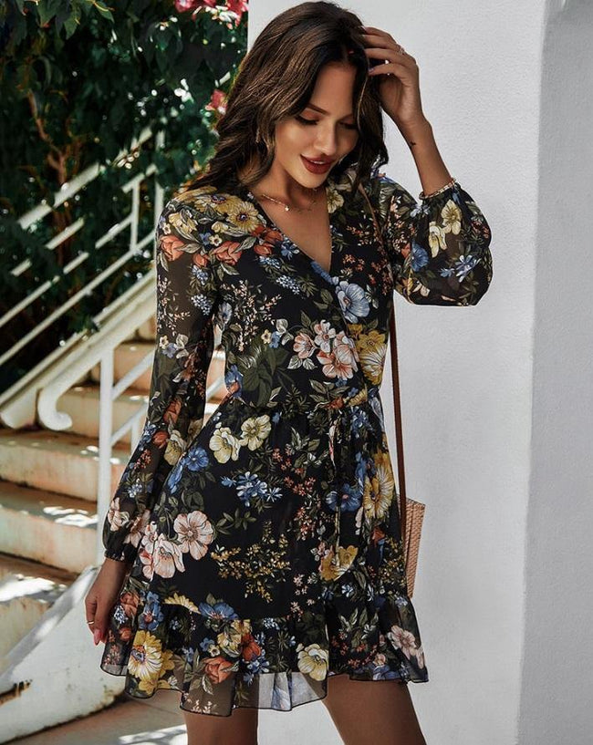 Vestido floral curto 2025 manga longa