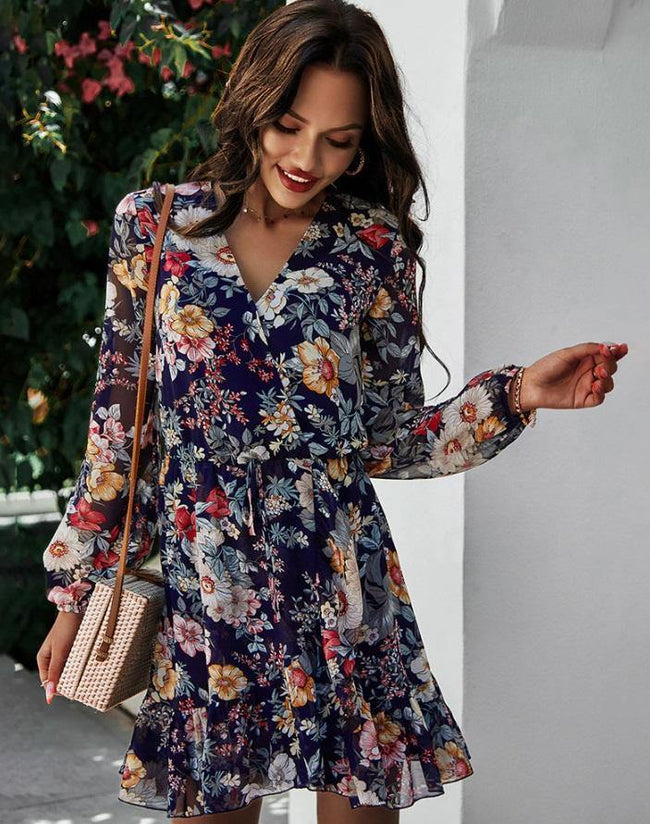 Vestido floral curto 2025 manga longa