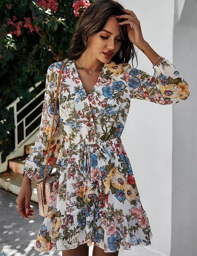 Vestido floral curto 2025 manga longa