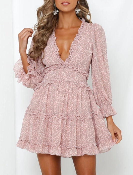 Vestido Babados Estampa Liberty Costas Nuas rosé manga longa