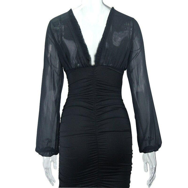 Vestido de Festa Curto rosê preto Decote justo manga longa