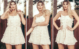 Vestido curto alcinha verão detalhes creme