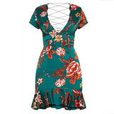 Vestido Floral Decotado Amarrações verde estampado