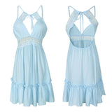 Vestido Grécia c/ Renda Crochê Costas Nuas azul claro