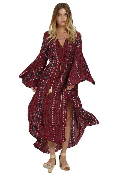 vestido longo Midi estampado étnico de manga vinho