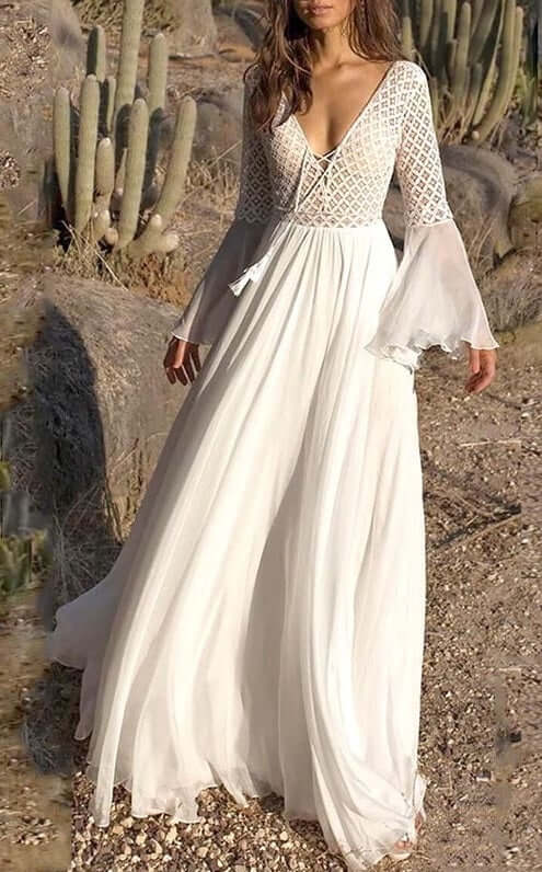 Vestido Longo Branco c/ Detalhes Flare Rendas