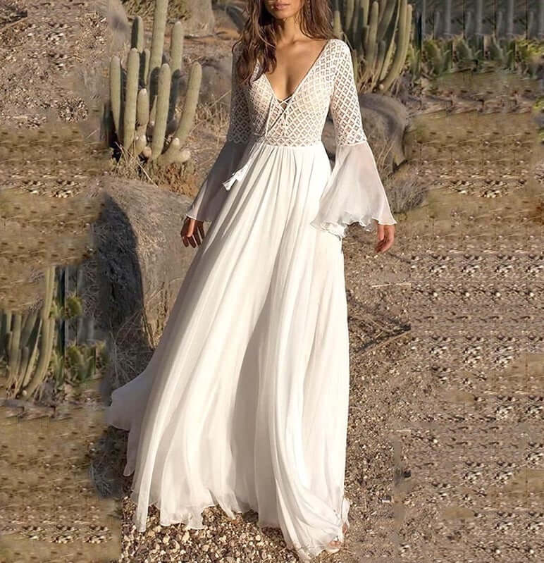 Vestido Longo Branco c/ Detalhes Flare Rendas