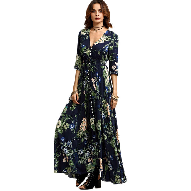 Vestido longo estampa Floral chemise de Manga Botão preto