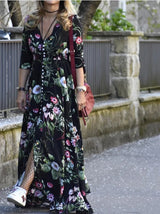 Vestido longo estampa Floral chemise de Manga Botão preto
