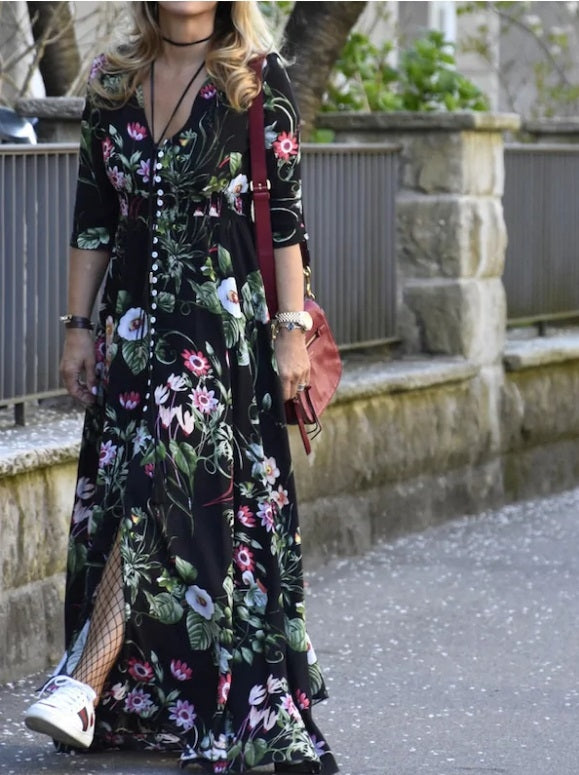 Vestido longo estampa Floral chemise de Manga Botão preto