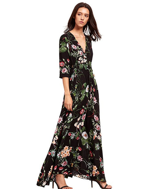 Vestido longo estampa Floral chemise de Manga Botão preto