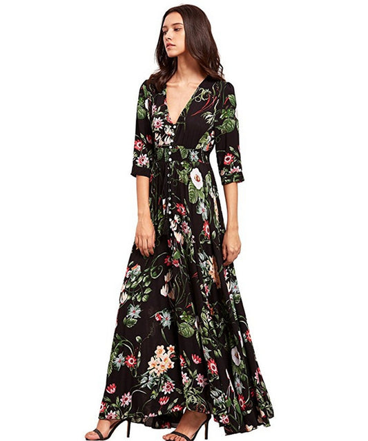Vestido longo estampa Floral chemise de Manga Botão preto