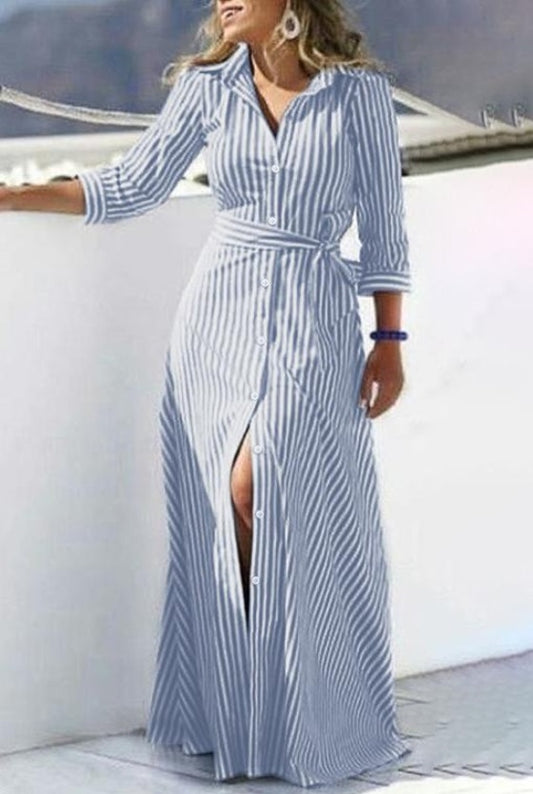 Vestido Listrado Longo Chemise azul claro branco