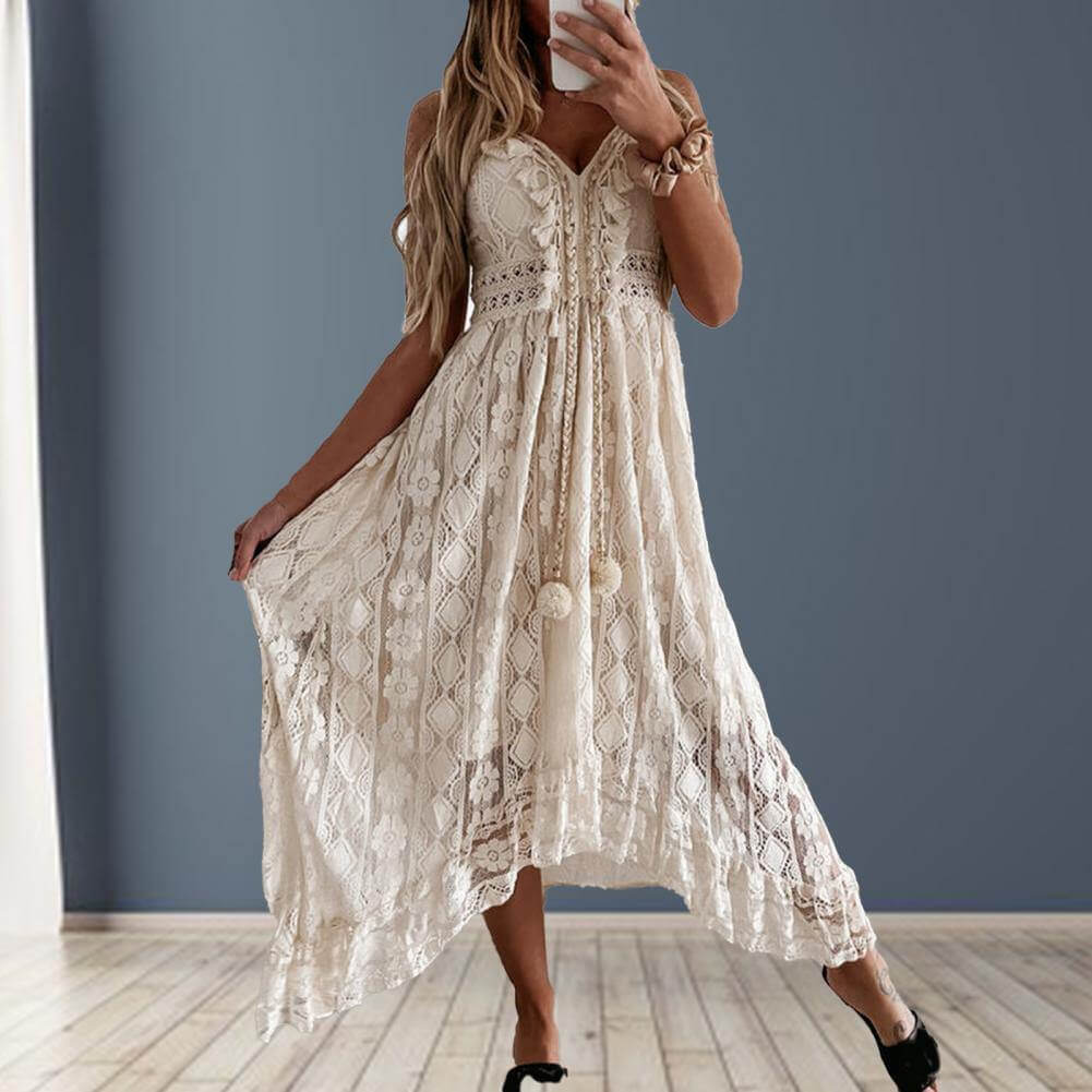 Vestido Longo de Renda Boêmio boho Bege