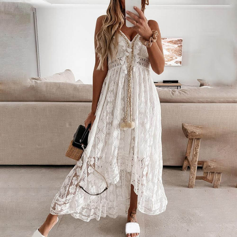 Vestido Longo de Renda Boêmio Boho Alcinha Branco