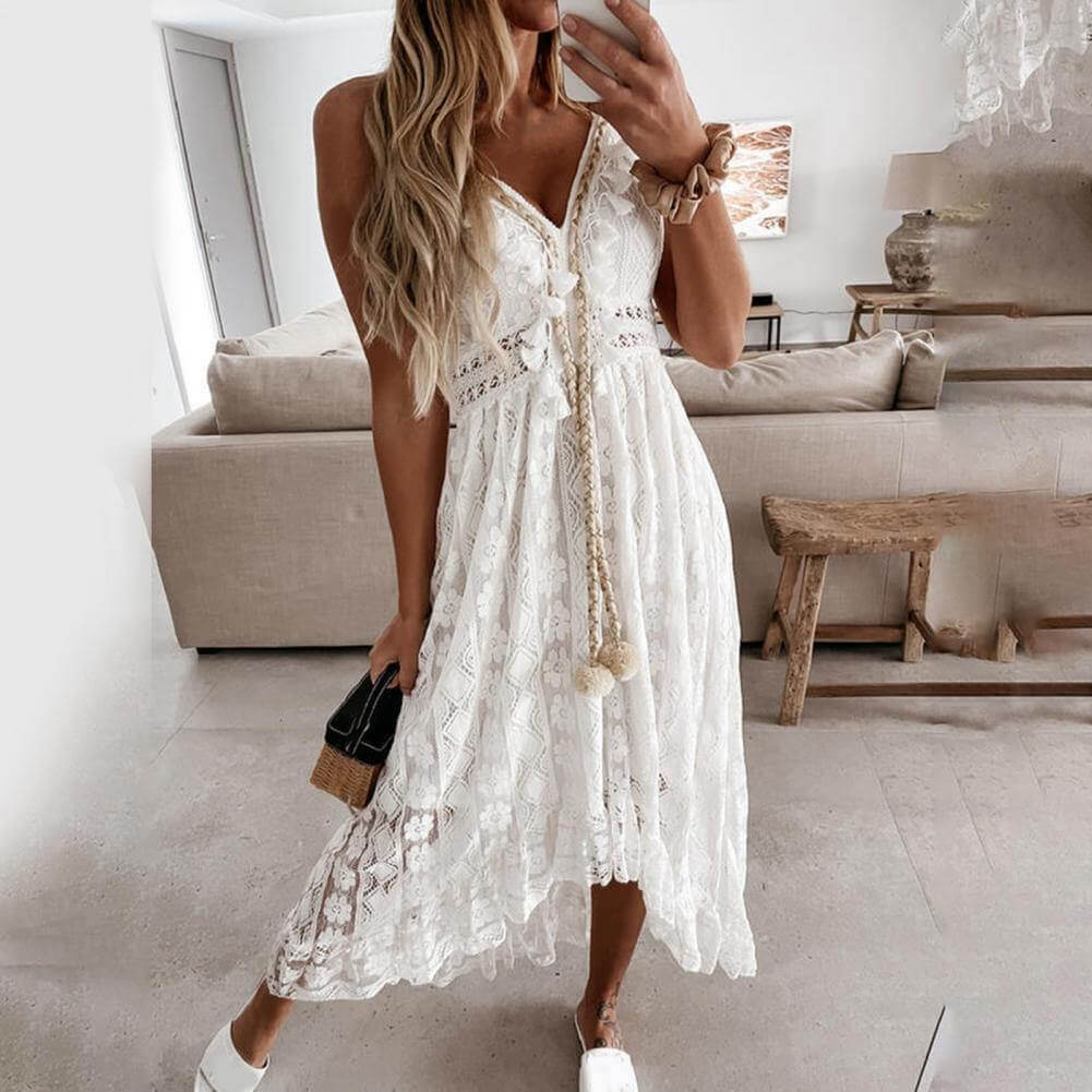 Vestido Longo de Renda Boêmio Boho Alcinha Branco