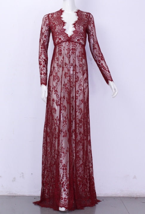 Vestido longo hotsell de renda vinho