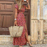 Vestido Longo Estampado Boho Manga Curta Vermelho