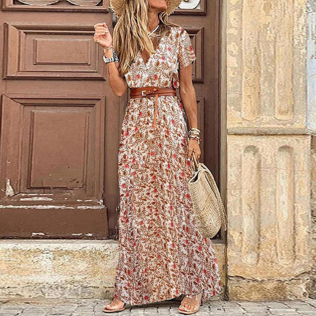 Vestido Longo Estampado Boho Manga Curta Branco