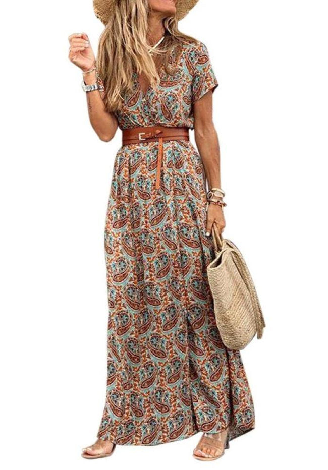 Vestido Longo Estampado Boho Manga Curta 