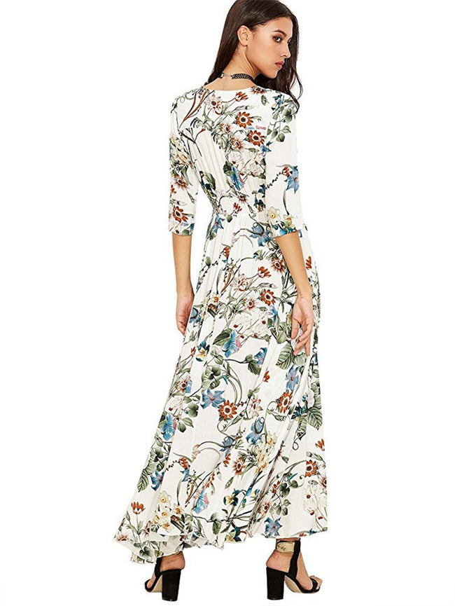 Vestido longo branco estampa Floral chemise de Manga Botão