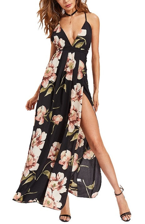 Vestido Longo Floral Preto Cintura de Amarrar