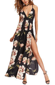 Vestido Longo Floral Preto Cintura de Amarrar