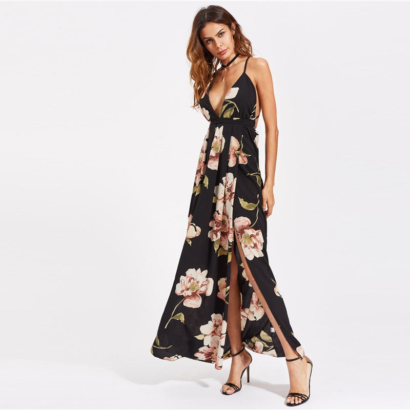 Vestido Longo Floral Preto Cintura de Amarrar