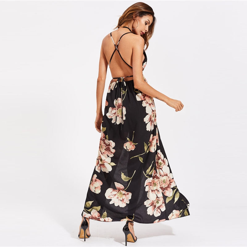 Vestido Longo Floral Preto Cintura de Amarrar