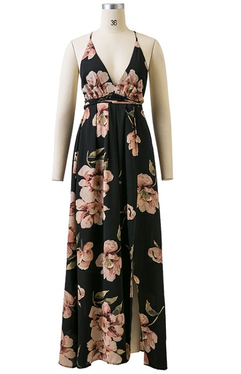 Vestido Longo Floral Preto Cintura de Amarrar