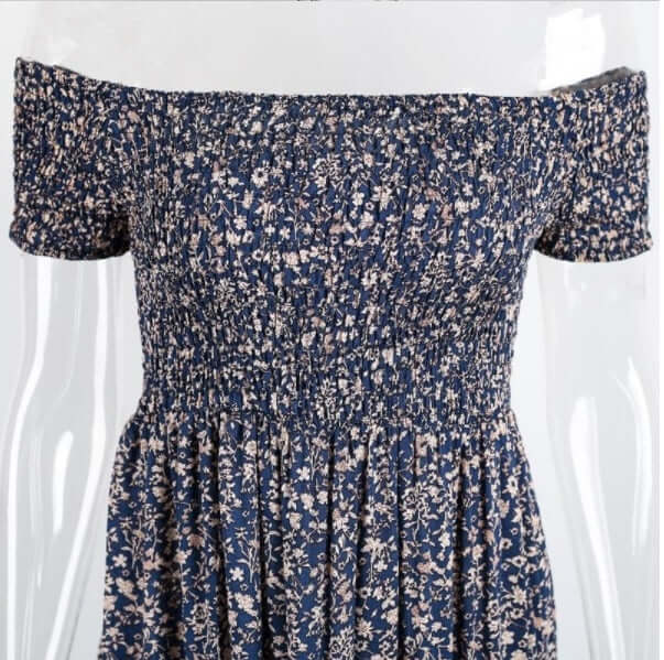 Vestido longo ombro a ombro verão azul floral 