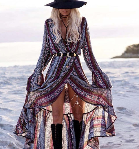 Vestido Longo Étnico Boêmio Manga Longa praia