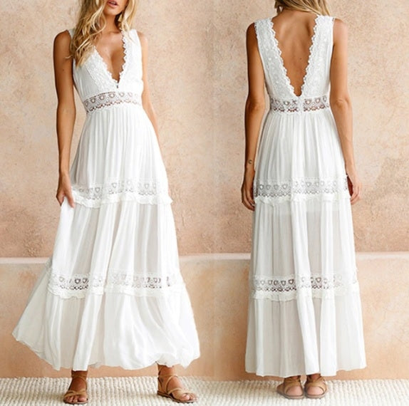 Vestido Branco Longo Verão de Renda sem Manga