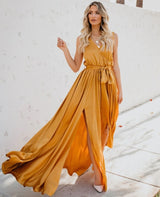 Vestido Longo Wrap Dress Fendas amarelo mostarda