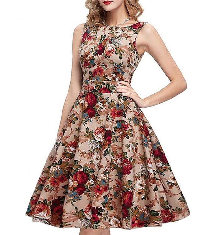 Vestido Midi Retrô Audrey rodado no joelho bege floral