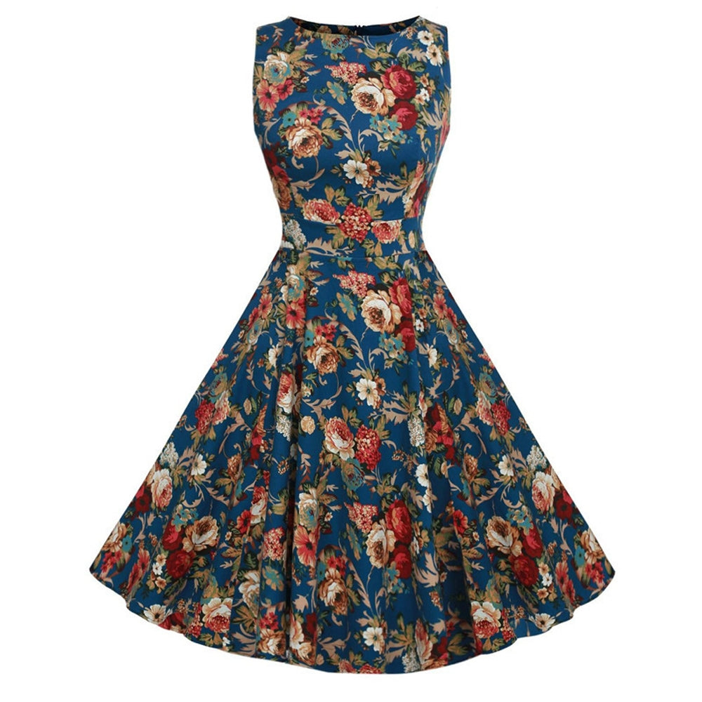 vestido retrô azul floral regata midi acinturado