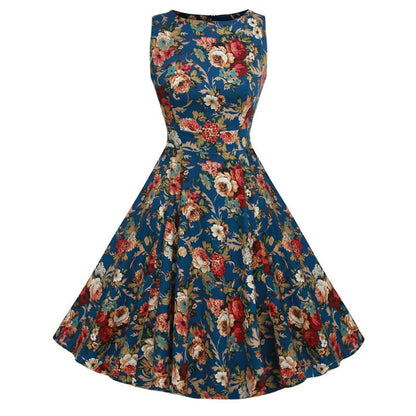 vestido retrô azul floral regata midi acinturado