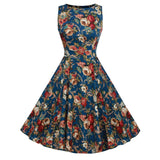 vestido retrô azul floral regata midi acinturado